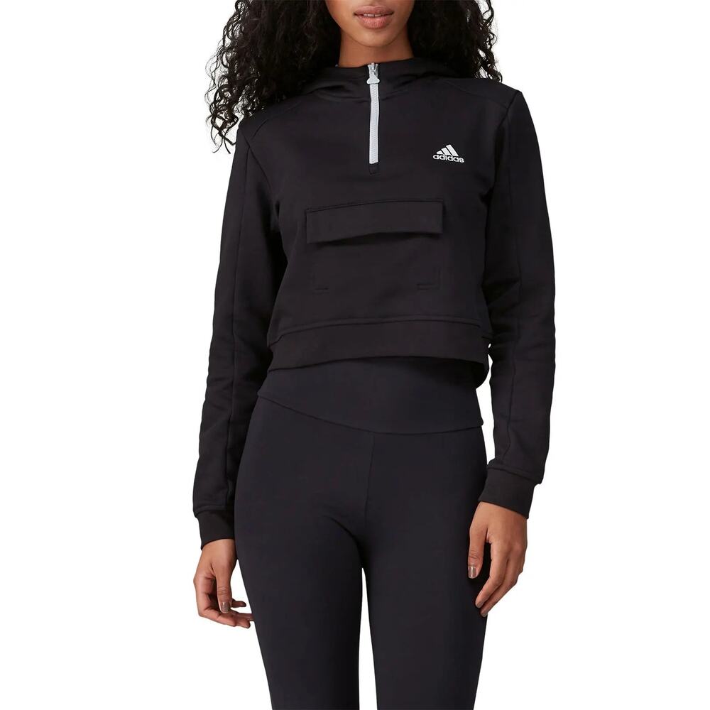 Adidas ID Cropped Hoodie Small Black Logo 1/4 Zip Athletic Sweatshirt